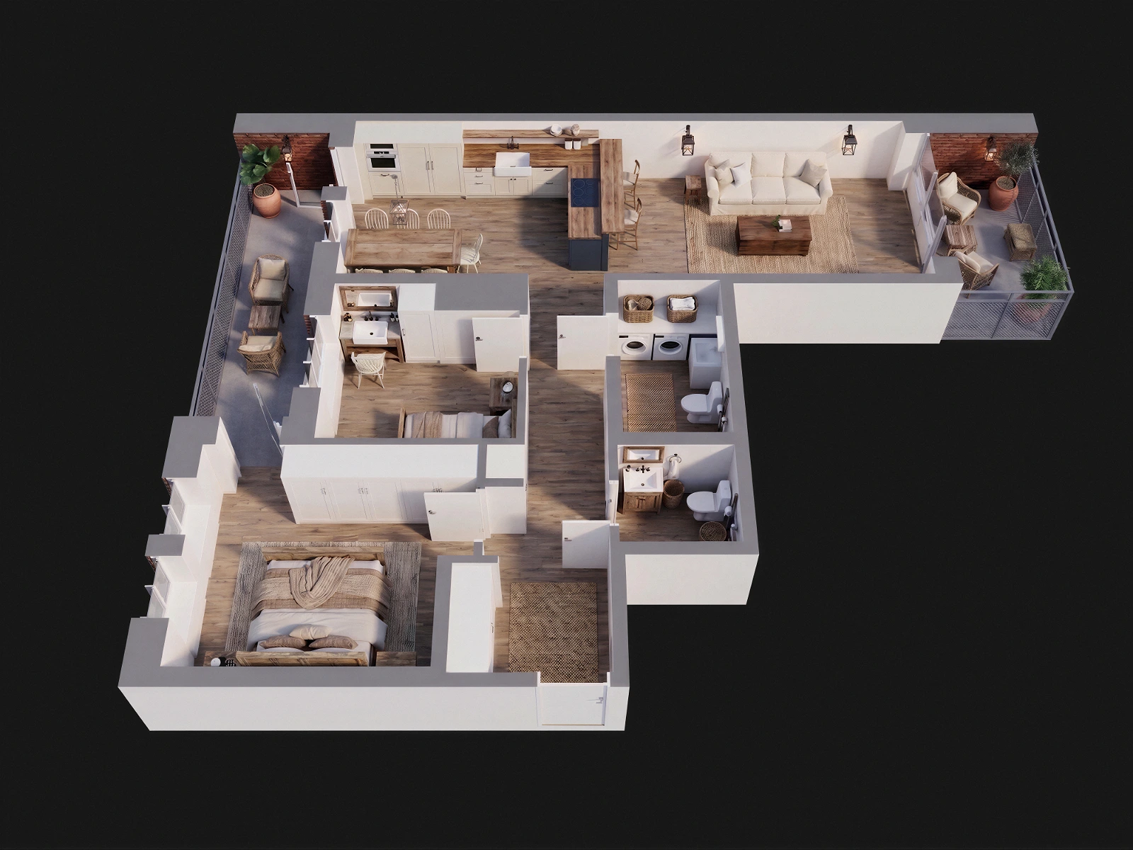 High-quality 3D isometric architectural floor plan of a modern residential apartment. The detailed layout showcases an open-plan kitchen and dining area, a cozy living room with a sofa and coffee table, multiple furnished bedrooms, modern bathrooms, and spacious outdoor balconies equipped with seating furniture and potted plants.