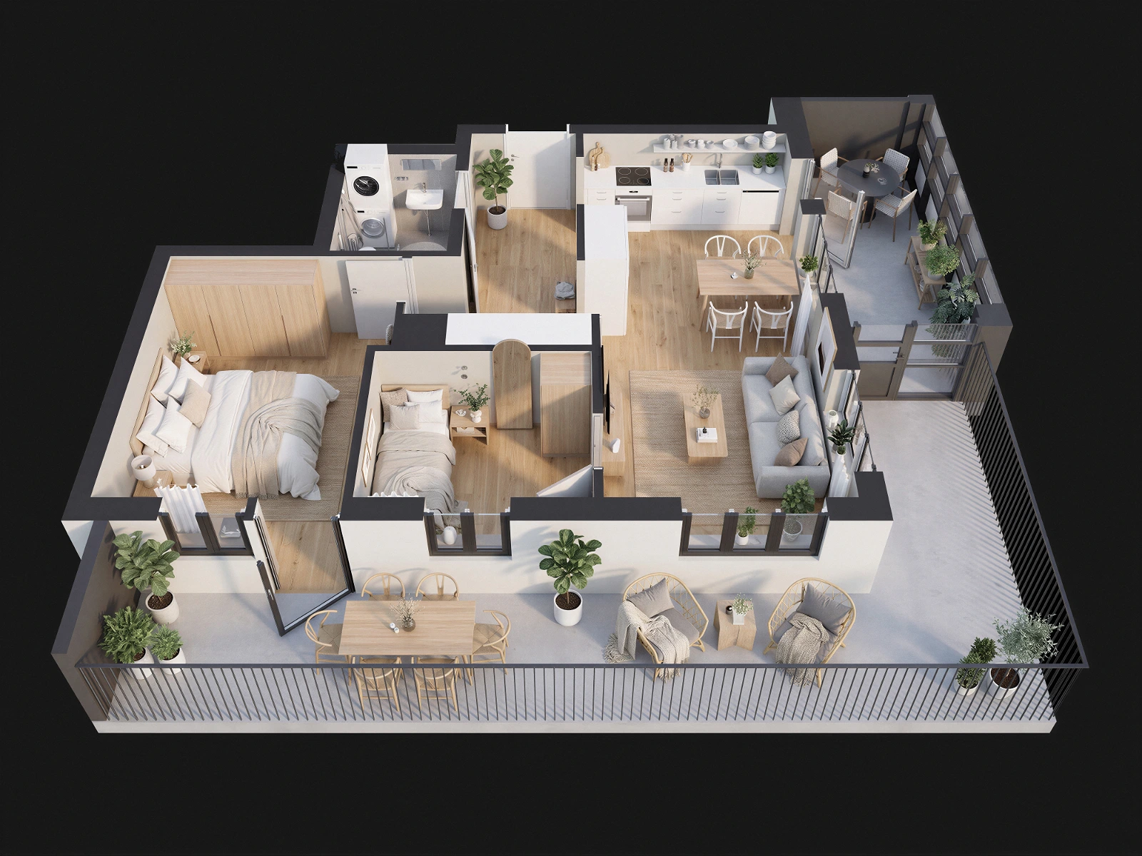 High-quality 3D isometric architectural floor plan of a modern residential apartment. The detailed layout showcases an open-plan living room, interconnected kitchen and dining area, comfortably furnished bedrooms, modern bathrooms, and spacious outdoor balconies decorated with greenery and lounge furniture.