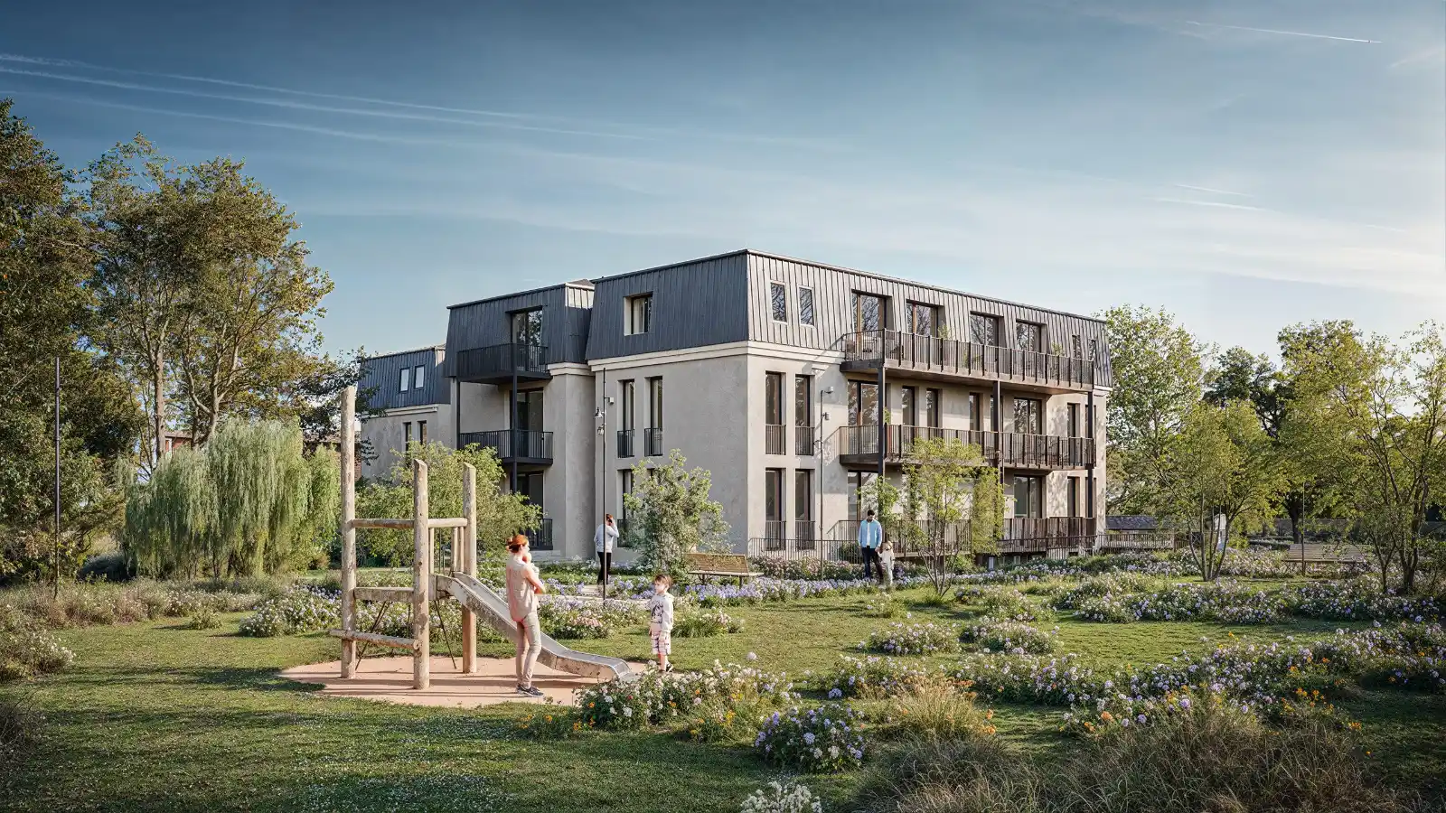 High-quality 3D exterior visualization of a modern multi-family apartment building featuring a dark metal mansard roof, light stucco facade, and balconies, situated in a lush green park with a children's playground and wildflowers.