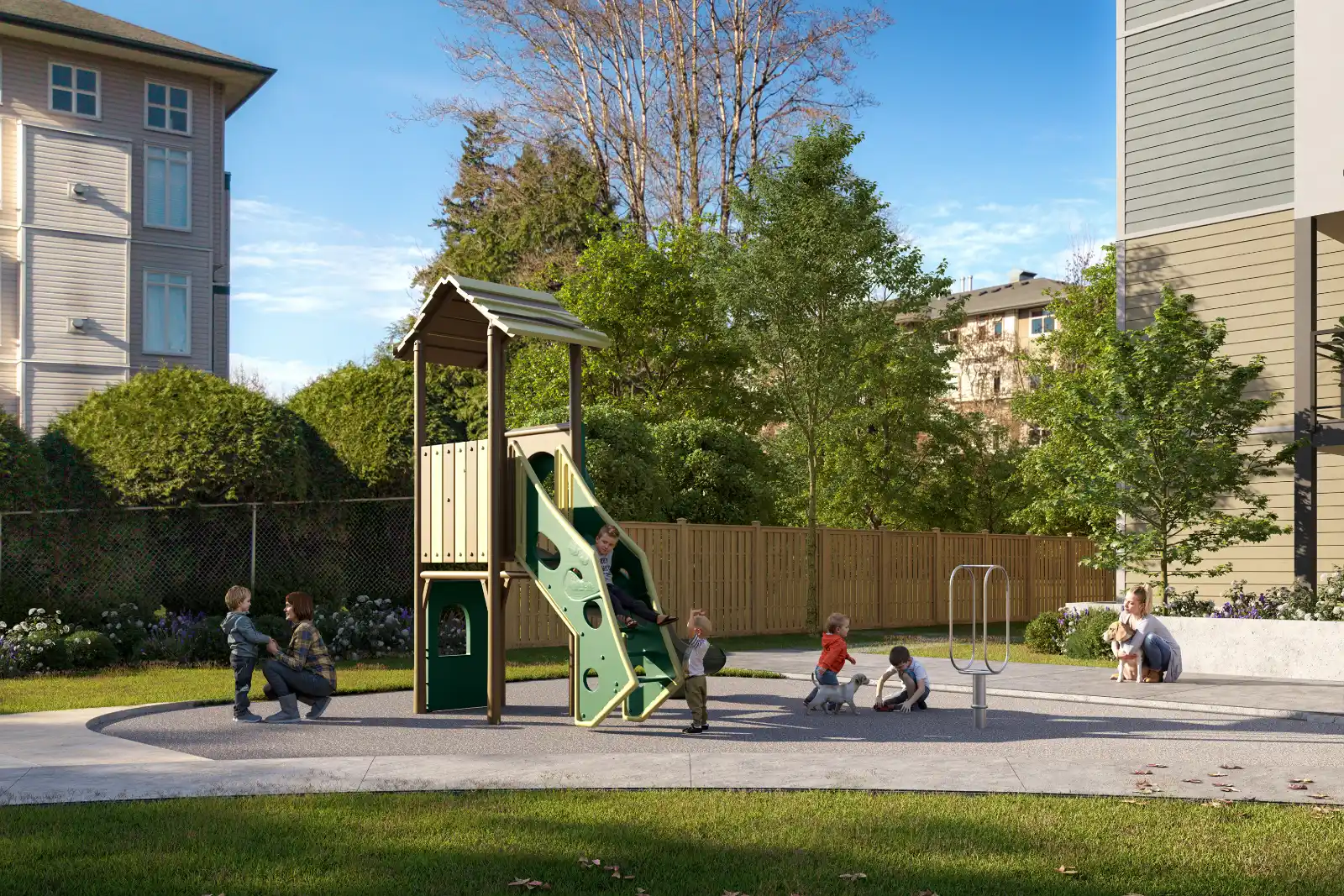 High-quality 3D architectural exterior visualization of a community playground located within a modern apartment complex. The vibrant daytime scene features children interacting around a green and beige play structure with a slide, accompanied by adults and a small dog. The recreational area is set on a safe gravel bed, bordered by paved walkways, green lawns, mature trees, and a wooden fence, with surrounding residential buildings visible in the bright daylight.