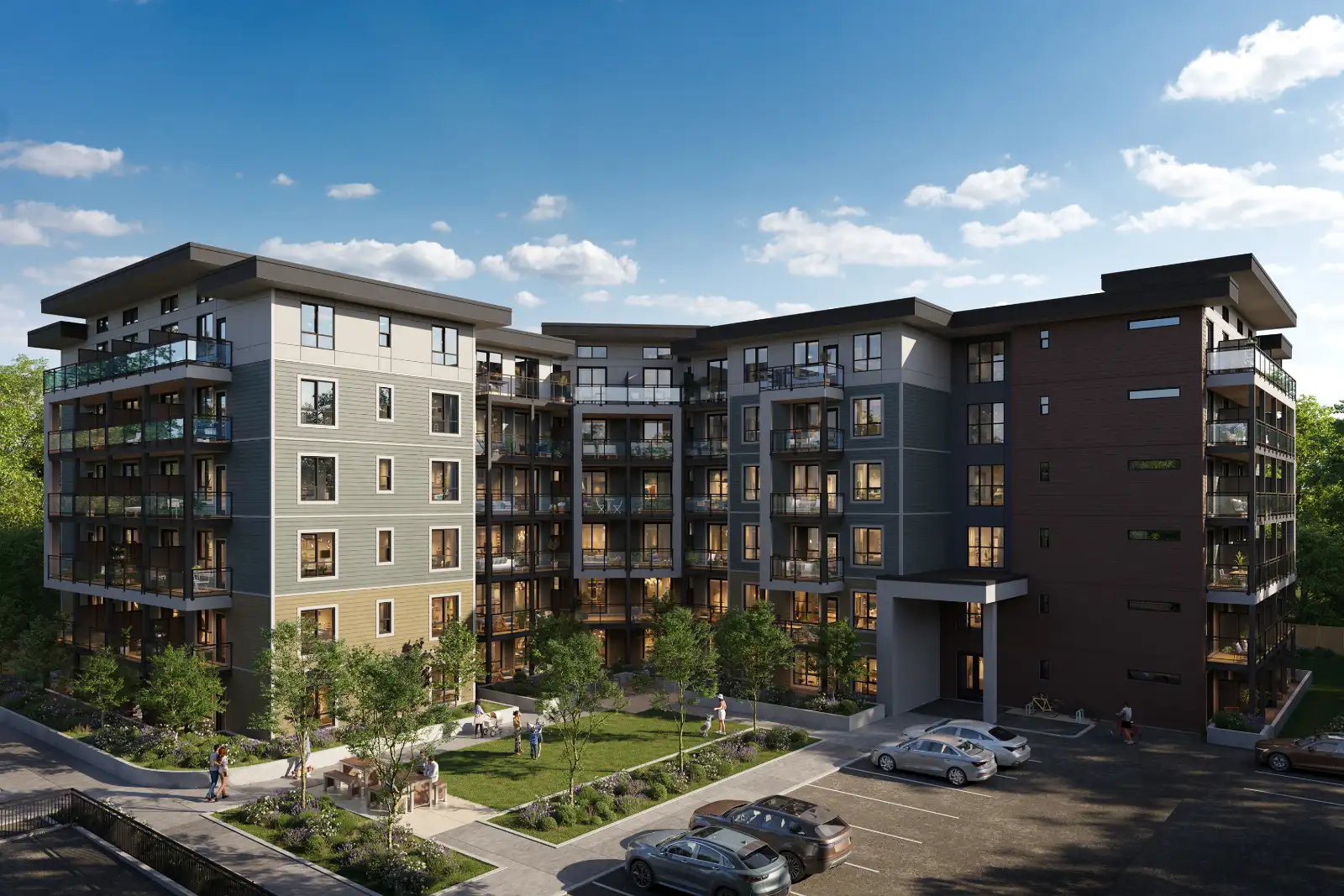 High-quality 3D architectural exterior visualization of a large, multi-story modern apartment complex. The building features a mix of green, gray, and dark brown siding with numerous glass balconies, framing a central landscaped courtyard. The vibrant daytime scene includes people walking in the green space, parked vehicles in the foreground lot, and a bright blue sky with scattered clouds.