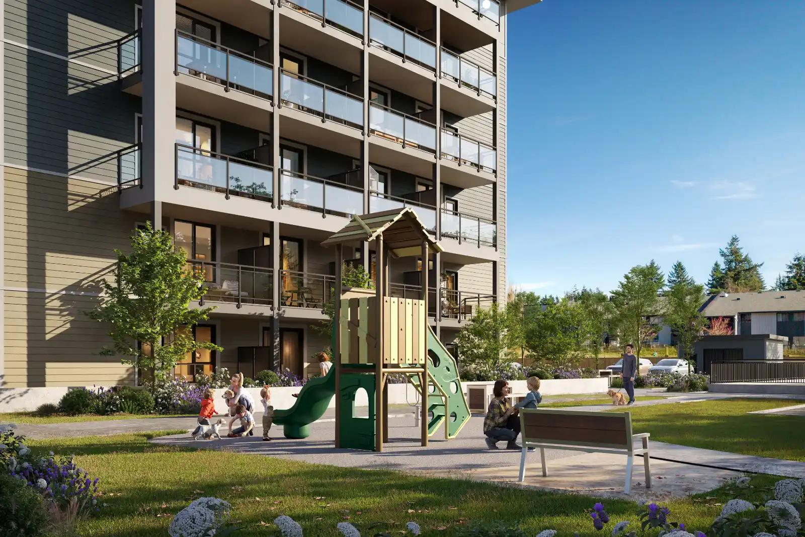 High-quality 3D architectural exterior visualization of a modern apartment complex, showcasing the multi-story building facade with glass balconies directly behind a lively community playground. The bright daytime scene features families and children enjoying the green and wood play structure, set within a landscaped courtyard with paved pathways, a wooden bench, green lawns, and purple floral accents.