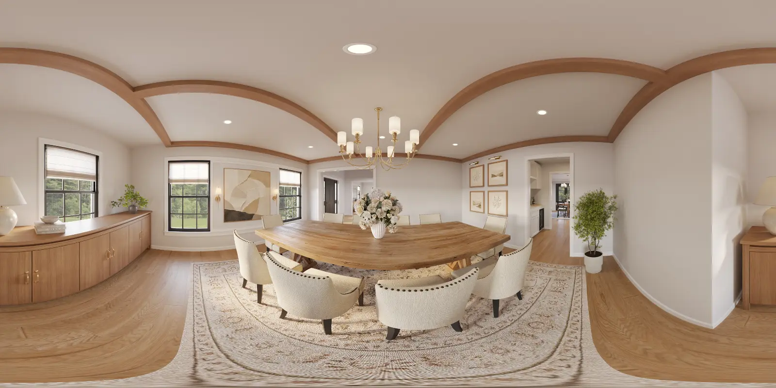 High-quality 360-degree panoramic 3D interior visualization of a spacious modern classic dining room featuring a distinctive curved wooden dining table, upholstered chairs with nailhead trim, a classic brass chandelier, curved wooden ceiling beams, a built-in wooden buffet, and a large patterned area rug over hardwood floors.