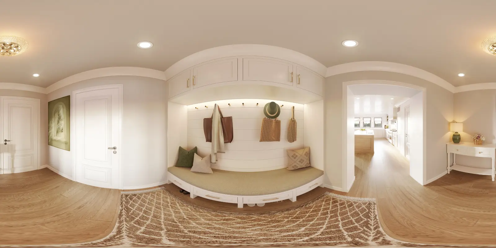 High-quality 360-degree panoramic 3D interior visualization of a bright modern classic mudroom featuring a curved built-in bench with under-seat storage, white upper cabinetry, coat hooks with hanging bags and hats, a textured patterned area rug on light hardwood floors, and open doorways leading to adjacent living spaces.