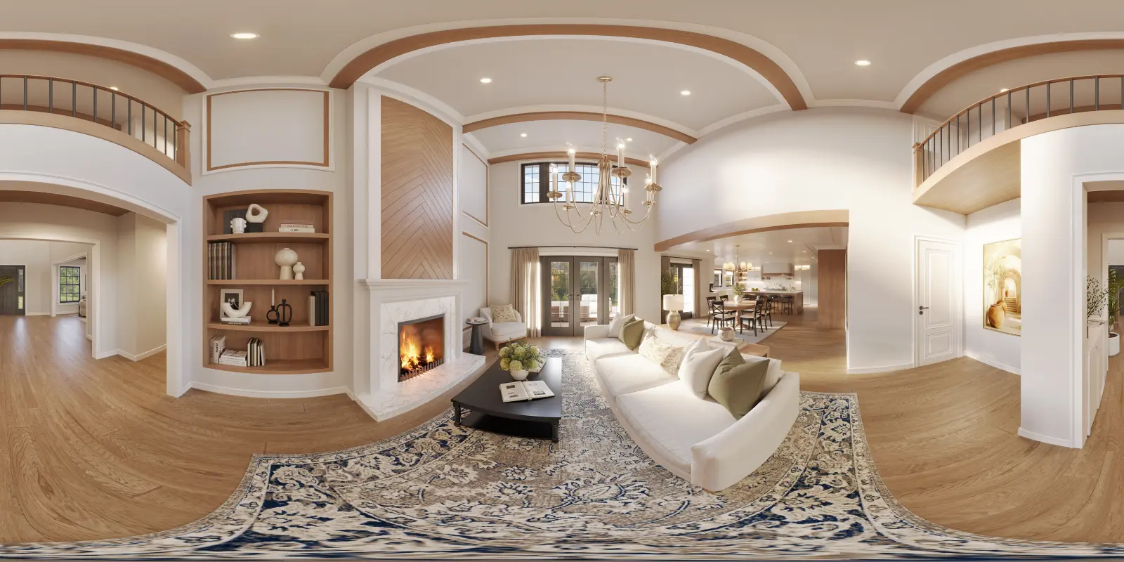 High-quality 360-degree panoramic 3D interior visualization of a grand two-story family room featuring a double-height ceiling with curved wooden accents, a second-floor interior balcony, a warm fireplace with a chevron wood overmantel, built-in wooden bookshelves, a large white sofa on a patterned rug, an elegant chandelier, and an open layout connecting to the kitchen and dining areas.