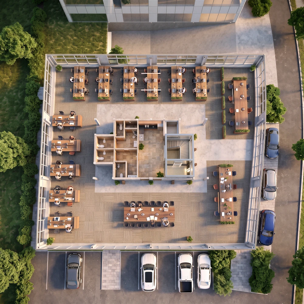 High-quality 3D isometric architectural floor plan of a modern commercial office space inside a glass-walled building. The spacious layout features rows of workstations equipped with computers, large conference and meeting tables, a central core integrating restrooms and a staircase, and surrounding outdoor parking lots with cars.