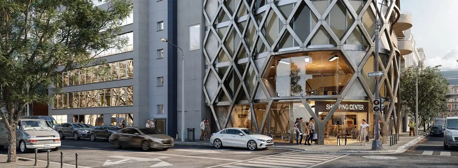 High-quality cropped 3D exterior visualization of a modern commercial shopping center highlighting its diagrid structural frame, large curved glass windows, storefront entrance, and urban street life