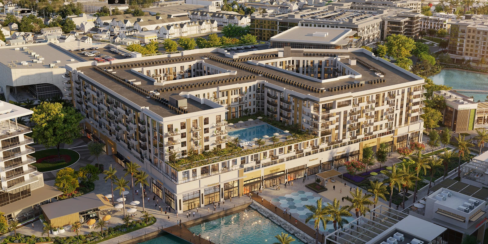 High-quality 3D architectural exterior aerial visualization of a sprawling modern mixed-use mid-rise development. The bird's-eye perspective highlights the courtyard-style building layout, a luxurious podium rooftop swimming pool terrace with landscaped greenery, ground-level retail storefronts and outdoor dining along a scenic waterfront promenade, and the surrounding urban master plan under clear daylight.