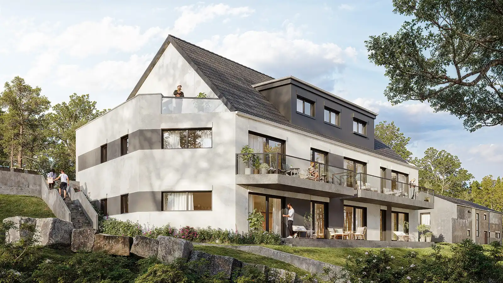 High-quality 3D exterior visualization of a modern multi-family apartment building featuring a white and gray facade, glass balconies, a pitched roof with dormers, and a landscaped sloping terrain with large stone boulders.