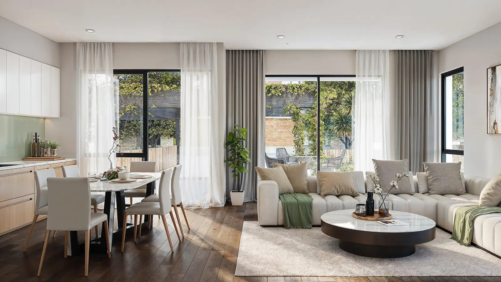 High-quality 3D interior visualization of a bright, modern open-concept space featuring a large beige sectional sofa, a marble coffee table, an elegant dining set, and floor-to-ceiling windows with sheer curtains overlooking a lush outdoor view