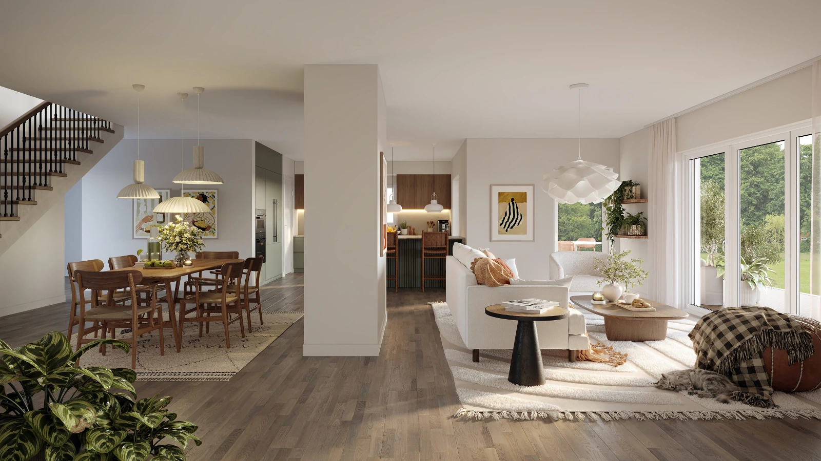 High-quality 3D interior visualization of a spacious, modern open-concept layout featuring a cozy living room with a white sofa, an elegant dining space with wooden furniture and pendant lights, and a kitchen visible in the background.