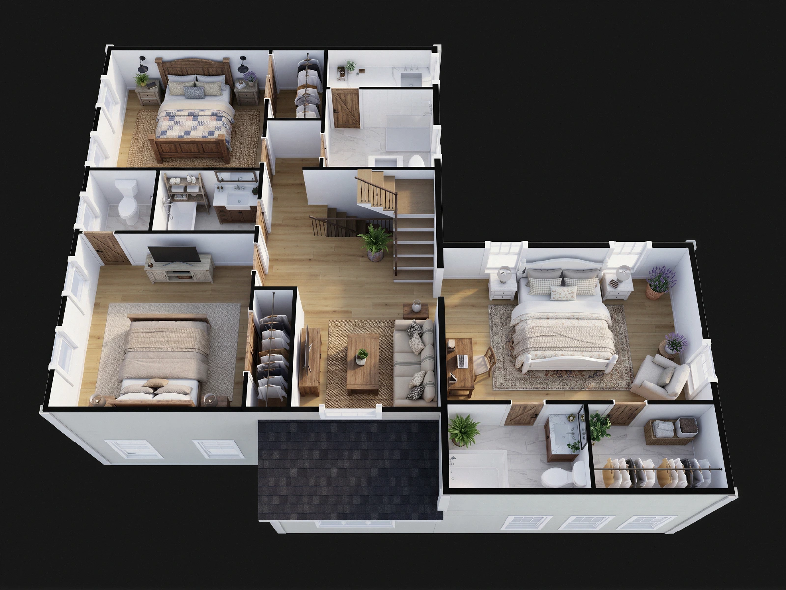 High-quality 3D isometric architectural floor plan of a multi-bedroom residential home. The detailed layout showcases multiple bedrooms furnished with wooden beds and area rugs, modern bathrooms, walk-in closets, a cozy common living area with a sofa and coffee table, a wooden staircase, and natural wood flooring throughout.