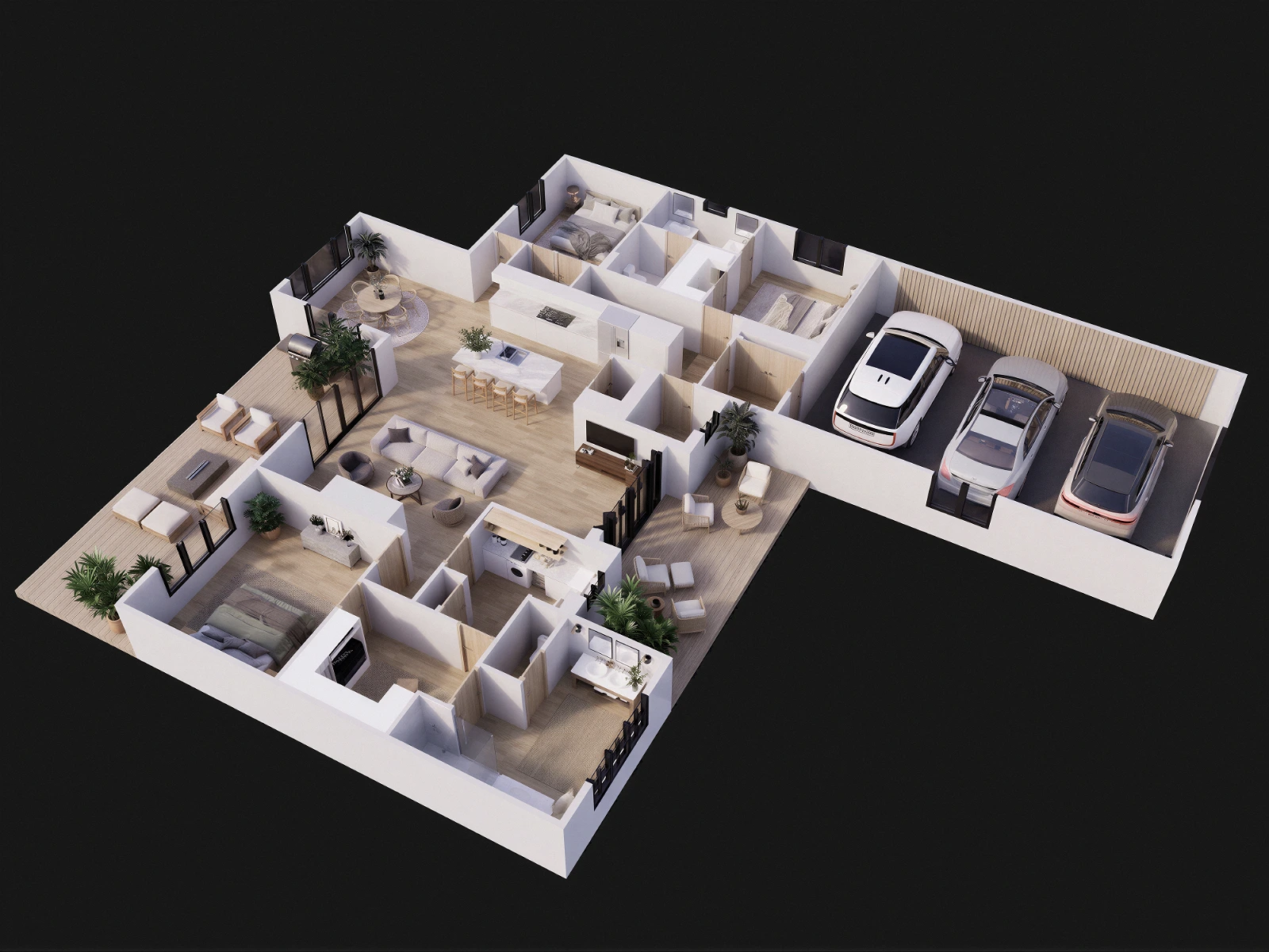 High-quality 3D isometric architectural floor plan of a multi-bedroom residential home. The detailed layout showcases multiple bedrooms furnished with wooden beds and area rugs, modern bathrooms, walk-in closets, a cozy common living area with a sofa and coffee table, a wooden staircase, and natural wood flooring throughout.