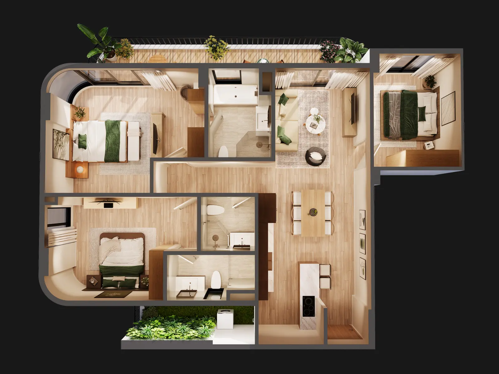 High-quality 3D top-down floor plan visualization of a modern three-bedroom apartment featuring an open-concept living, dining, and kitchen area, two bathrooms, green-accented bedrooms, unique curved exterior walls, and a spacious landscaped balcony.