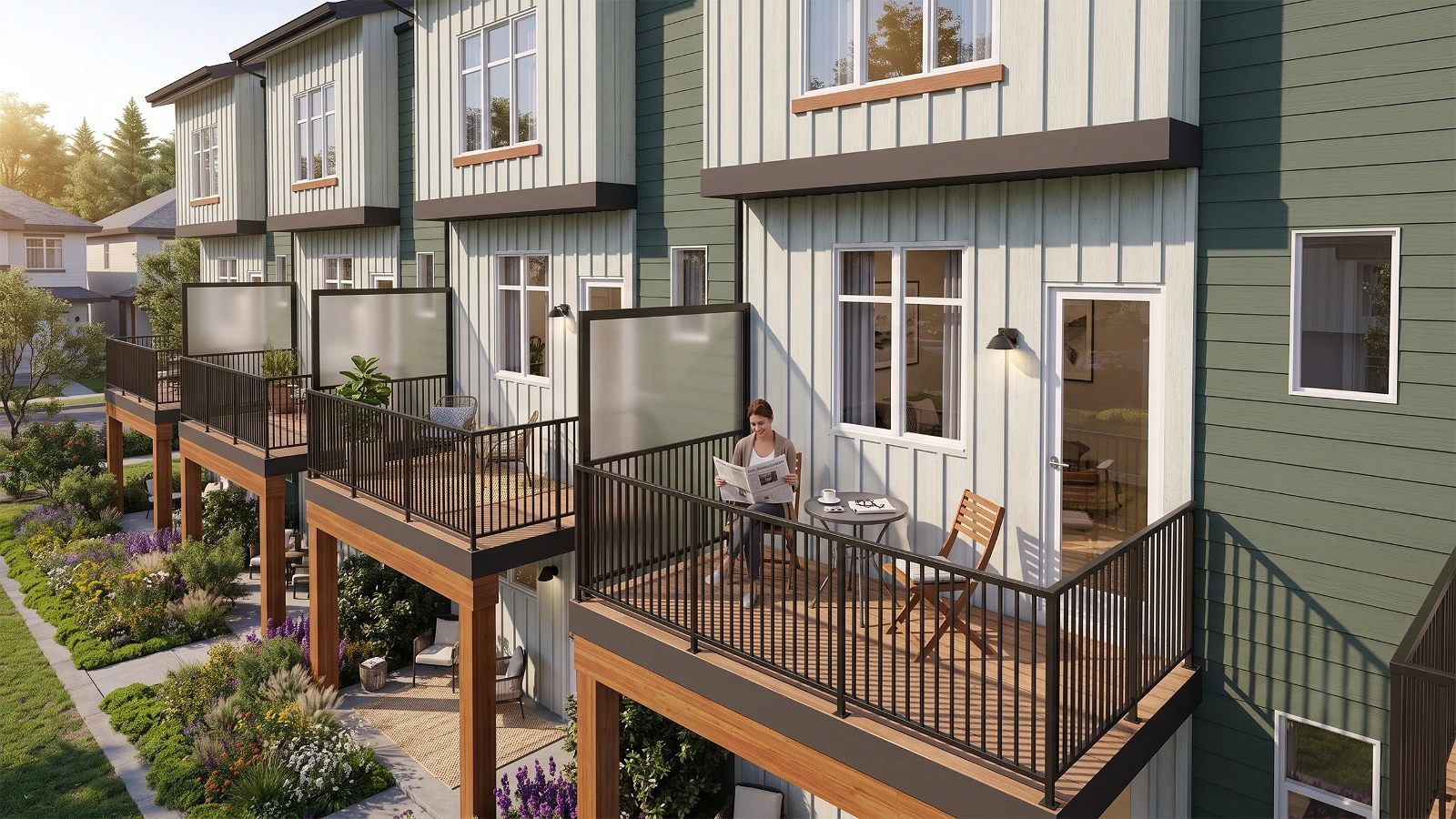 High-quality 3D architectural exterior visualization of a modern townhouse complex . The view focuses on a series of elevated wooden balconies with black metal railings and frosted glass privacy screens . A woman is relaxing and reading a newspaper on one of the balconies . The building exterior features a mix of white vertical board-and-batten and green horizontal siding, complemented by landscaped ground-level patios below in bright daylight
