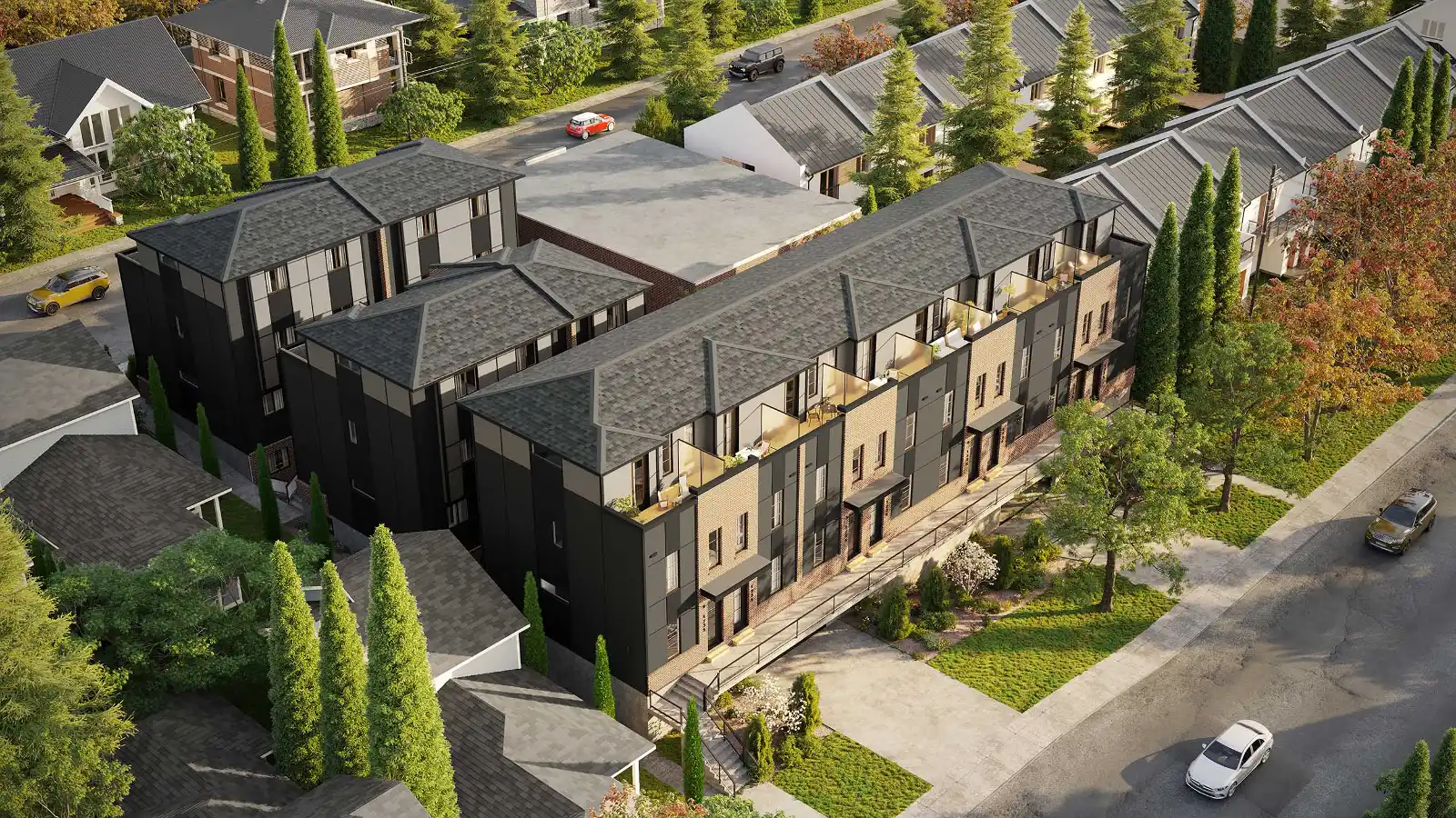 High-quality 3D aerial exterior visualization of a modern multi-level townhouse complex featuring a mix of dark grey siding and brick facades, upper-floor terraces, sloped roofs, and a surrounding suburban neighborhood with autumn landscaping.