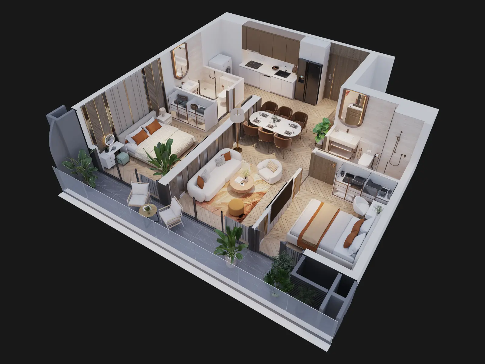 High-quality 3D isometric floor plan visualization of a modern two-bedroom apartment, featuring an open-concept living and dining area, a functional kitchen, two bathrooms, and a large continuous balcony with outdoor seating.