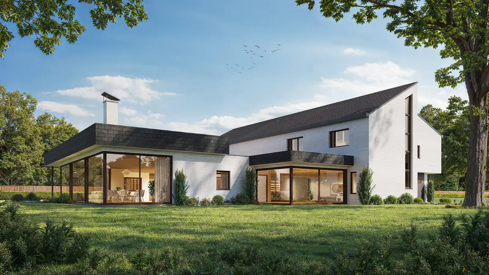 High-quality 3D architectural exterior visualization of a modern white brick house. The striking design features an asymmetrical pitched dark roof and large flat-roofed glass extensions that reveal a warmly lit interior living and dining space. The home is surrounded by a spacious, manicured green lawn and mature trees under a bright blue sky.