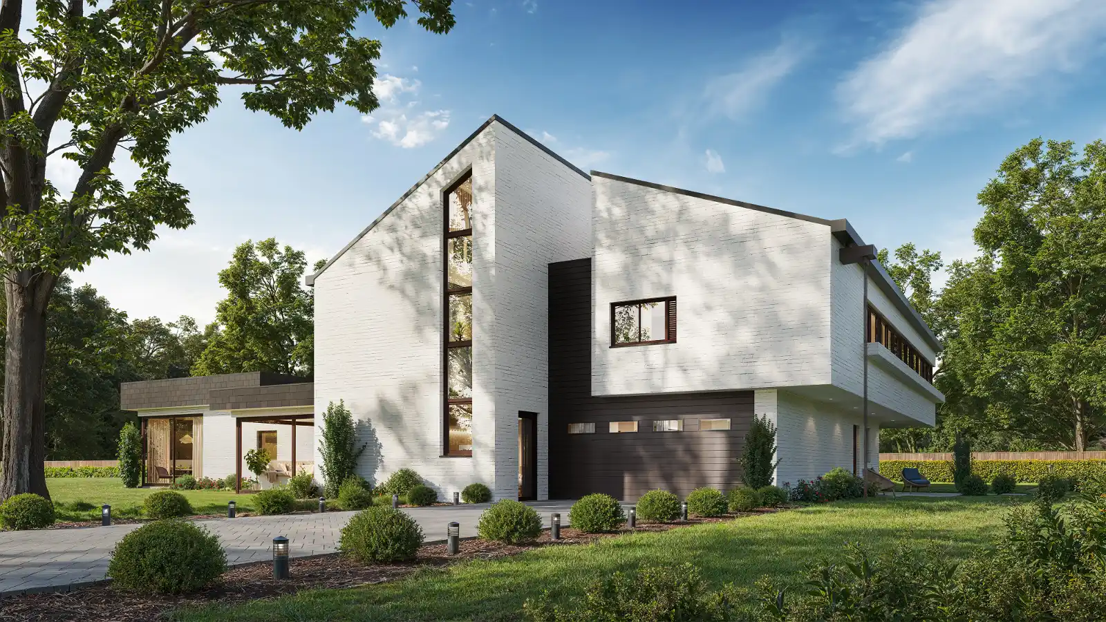 High-quality 3D architectural exterior visualization of a modern white brick house from the front perspective. The striking design features an asymmetrical gable, a tall vertical window, a dark modern garage door, and an overhanging upper floor. The property includes a paved driveway lined with small bollard lights, surrounded by mature trees and a manicured green lawn under a clear blue sky.