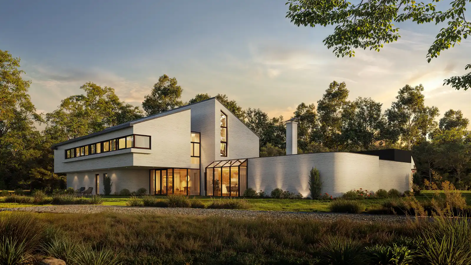 High-quality 3D architectural exterior visualization of a sprawling modern white brick house at dusk. This wide-angle perspective highlights the striking architectural layout, featuring an overhanging upper volume with horizontal ribbon windows, an asymmetrical gable, a glass-enclosed conservatory, and a long solid brick wing enhanced by exterior up-lighting. Warm interior illumination contrasts elegantly with the twilight sky and natural surrounding landscape.