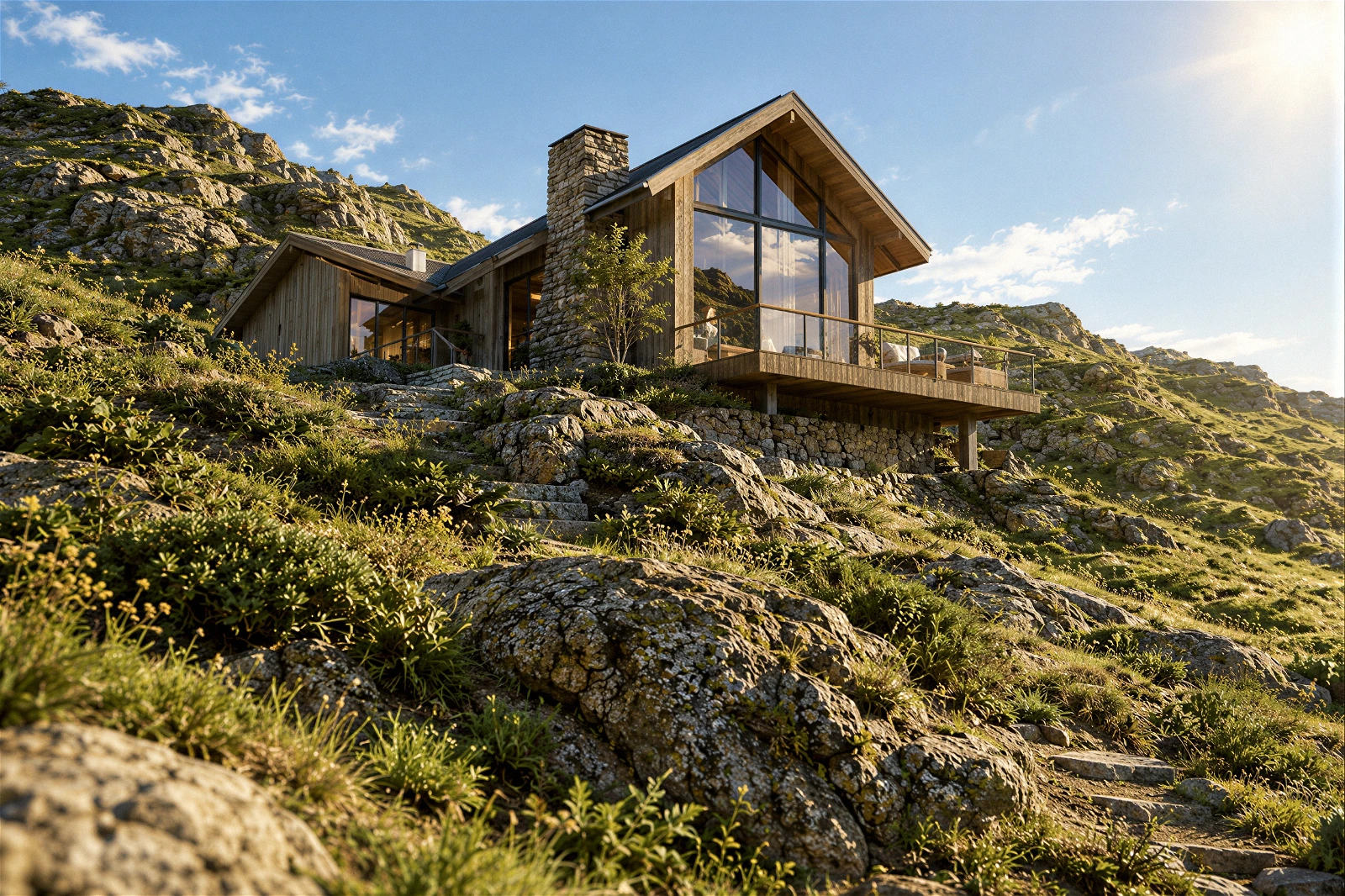 High-quality 3D architectural exterior visualization of a modern rustic mountain cabin . The structure features a wooden facade, a prominent stone chimney, and large A-frame glass windows reflecting the bright sky . It is beautifully situated on a rugged, rocky hillside covered with green grass and vegetation . A wooden wrap-around deck extends from the main living area, offering panoramic natural views bathed in warm sunlight.