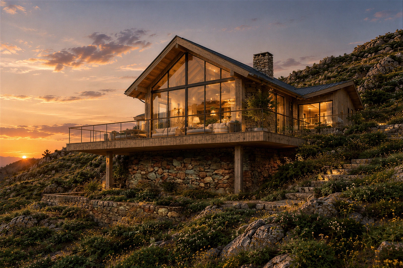Modern Wooden Mountain Cabin at Sunset.