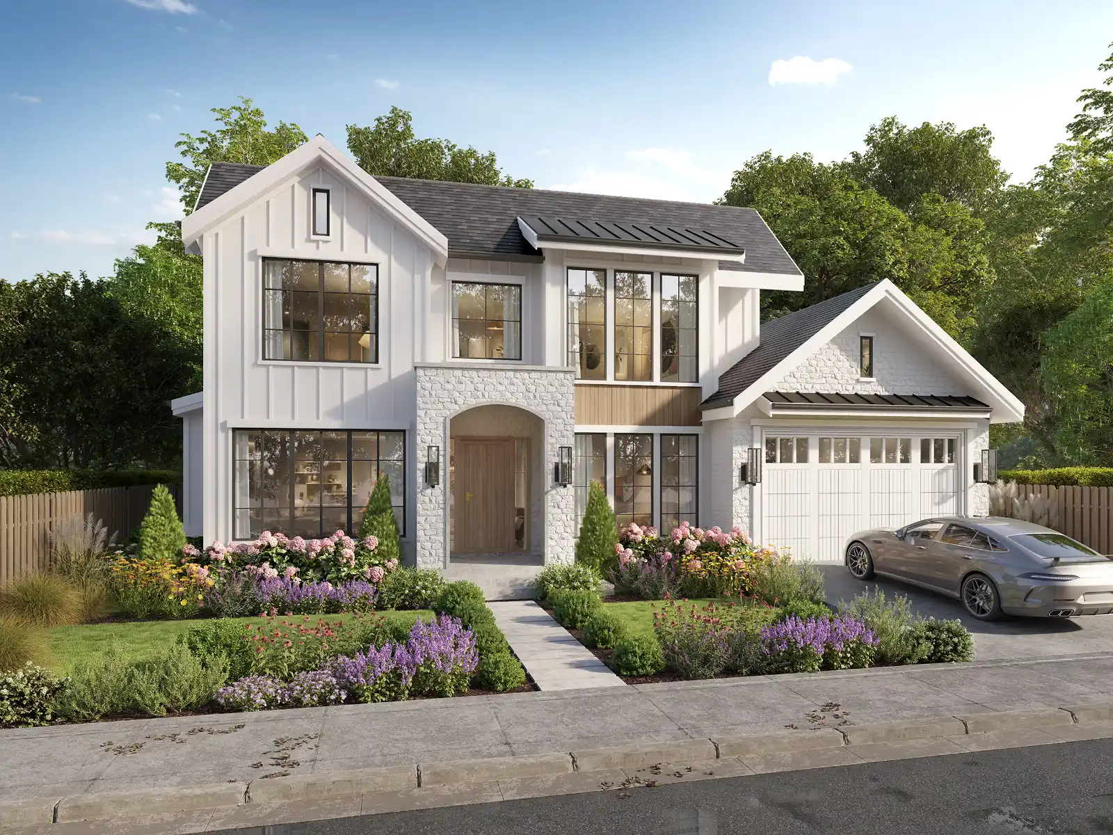 Photorealistic 3D exterior visualization of a modern two-story white farmhouse featuring a stone arch entryway, black-framed windows, and vibrant front yard landscaping.