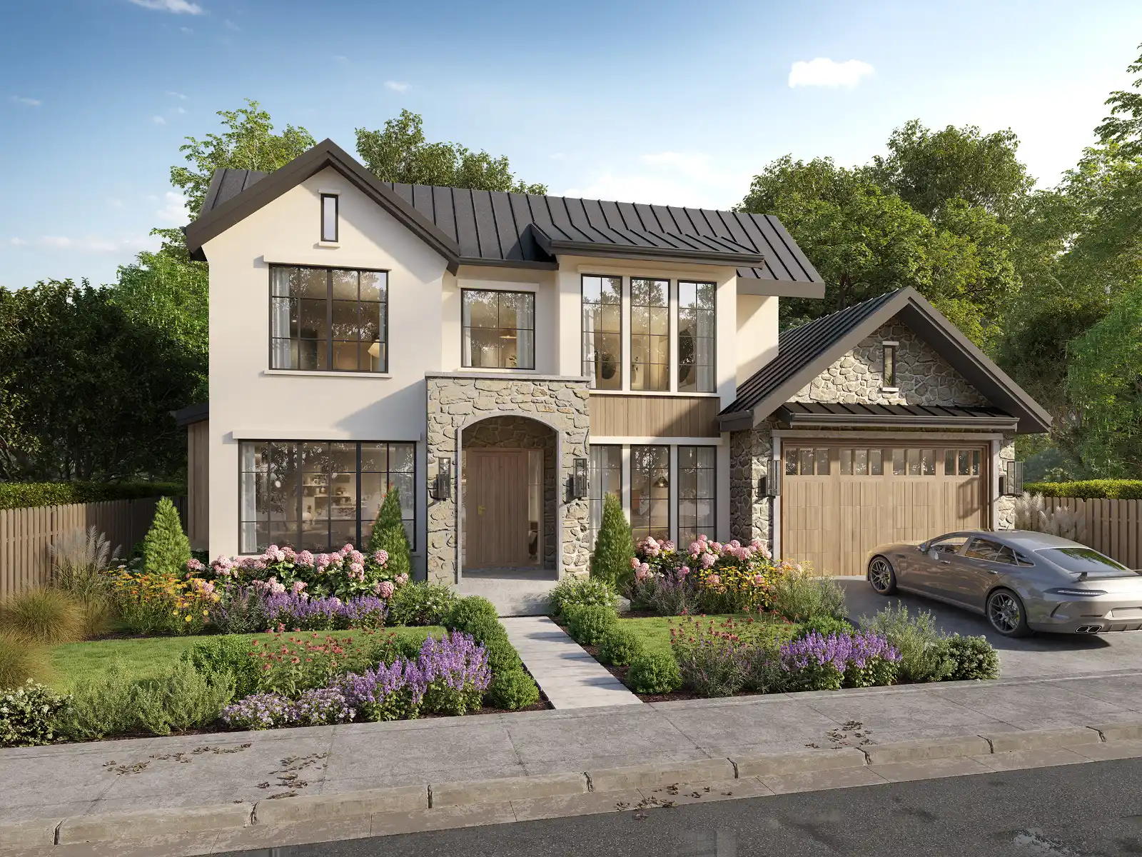Photorealistic 3D exterior visualization of a modern two-story farmhouse featuring a beige stucco finish, natural stone accents, a dark metal roof, and lush front yard landscaping.