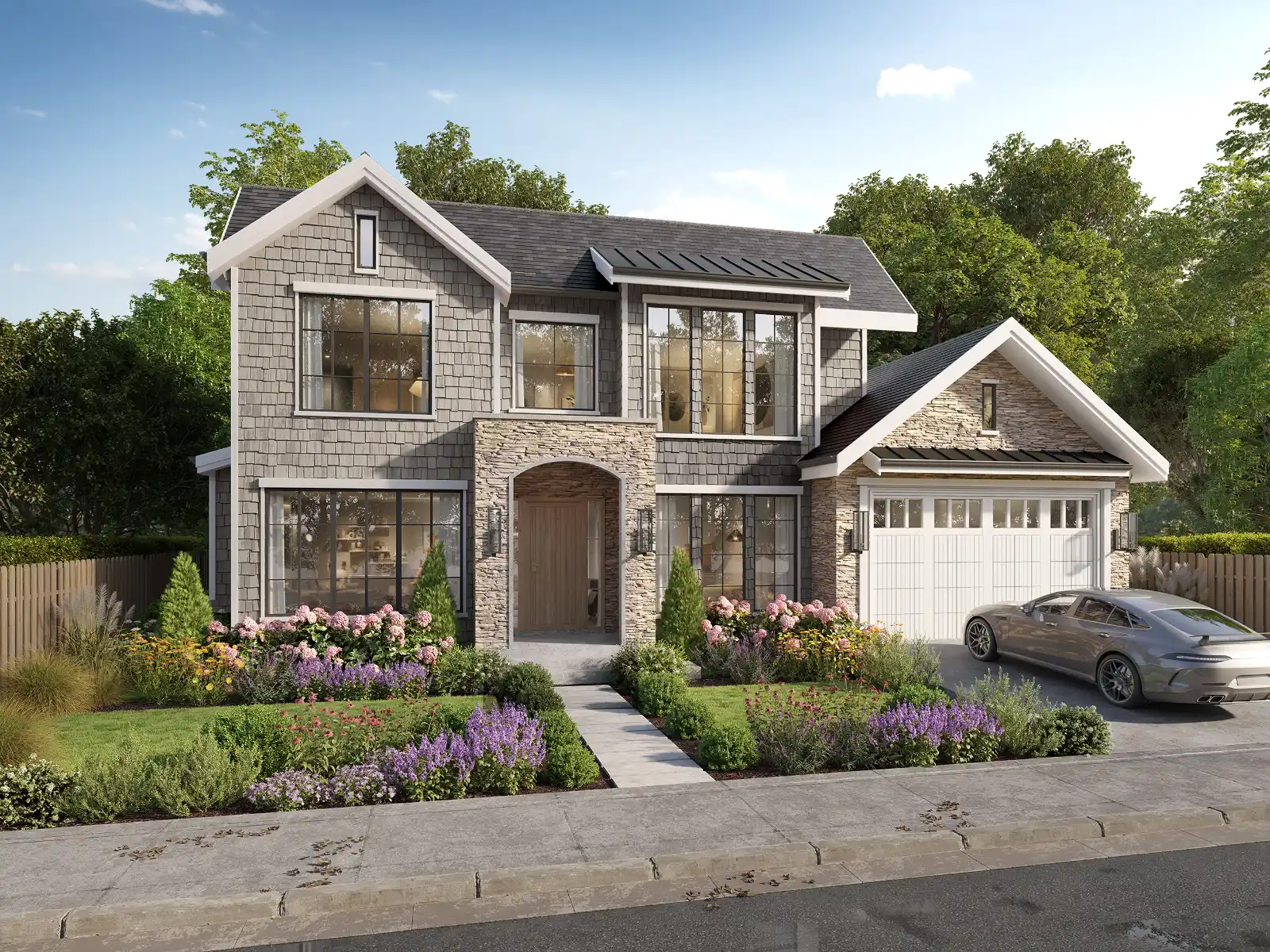 Photorealistic 3D exterior visualization of a modern two-story farmhouse featuring gray shingle siding, natural stone accents, white trim, and a white garage door, surrounded by lush landscaping.