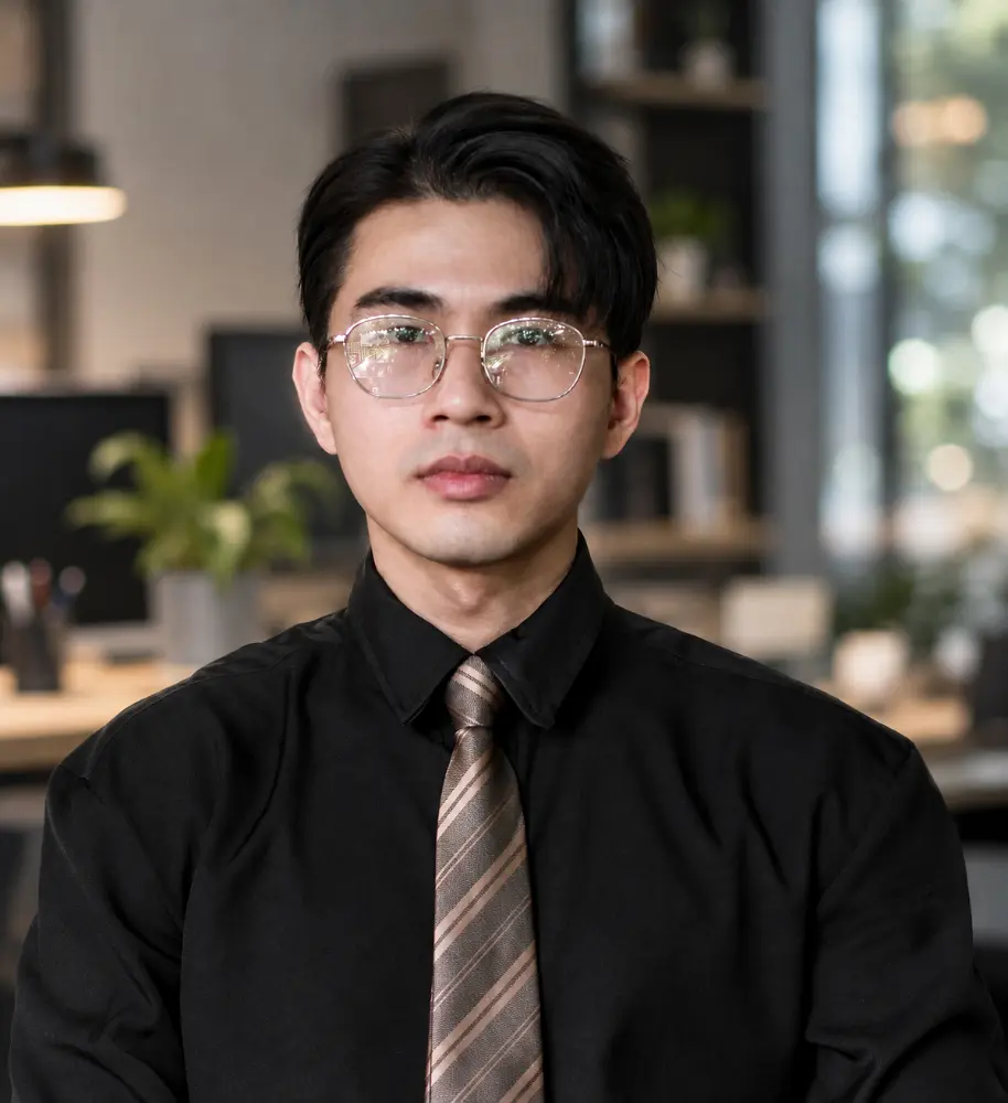Professional portrait photograph of Phuong Bui, Chief Financial Officer of Our-Inspiration, wearing glasses, a black shirt, and a tie, posing in a modern office environment.