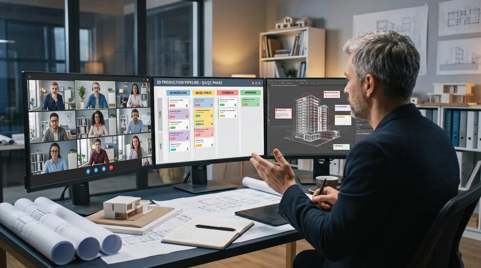 High-quality illustration of a professional workspace for a project manager or art director in a 3D architectural visualization studio . The scene features a triple-monitor setup displaying a team video conference, a project management Kanban board focusing on the QA/QC phase, and a 3D building model with red quality control markups . The desk is organized with rolled architectural blueprints, a digital drawing tablet, a white architectural scale model, and a cup of coffee.