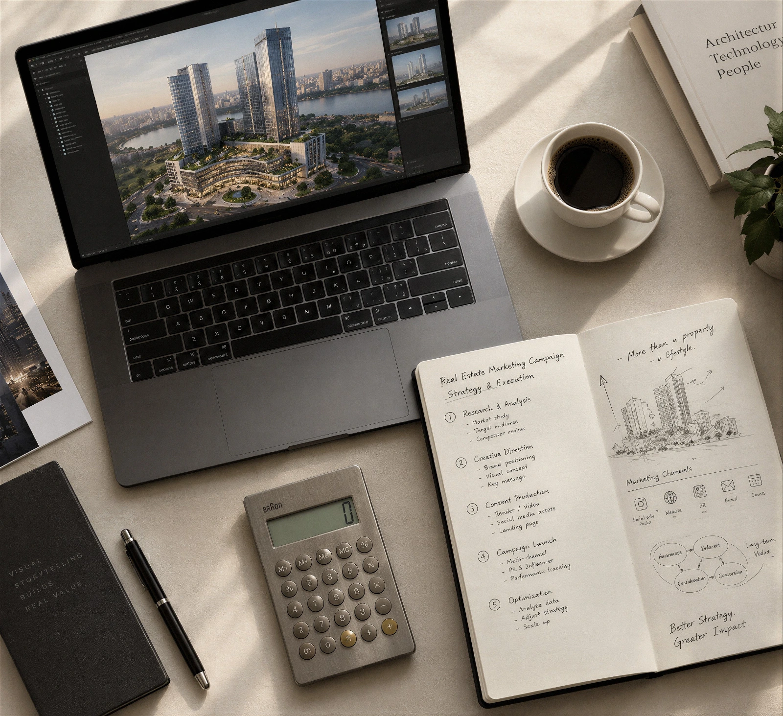 A professional workspace photo on a wooden desk featuring an open laptop displaying a 3D architectural rendering of a riverside urban development project . Next to it is an open notebook detailing a "Real Estate Marketing Campaign Strategy & Execution" plan, outlining stages from research and analysis to creative direction, content production, and campaign optimization, complete with building sketches and marketing channel diagrams . The desk is also arranged with a metallic calculator, a cup of coffee, a pen, and other professional reference materials.