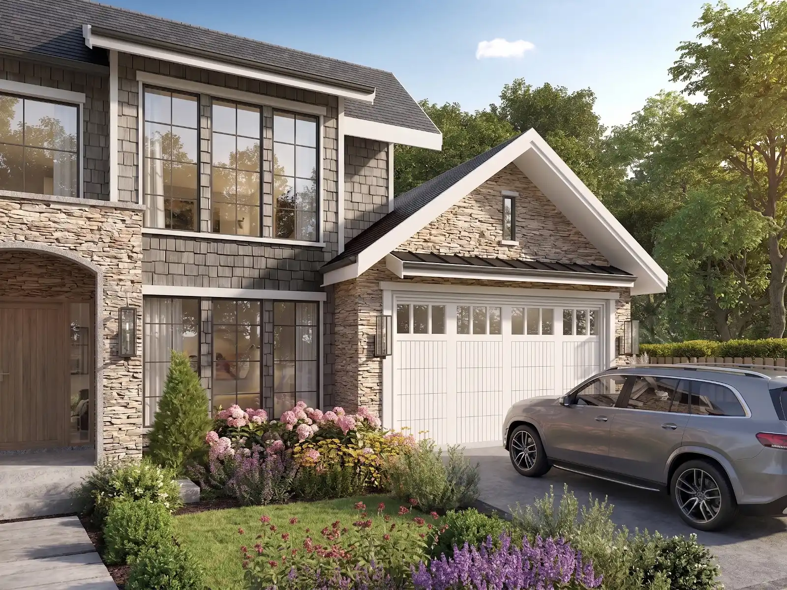 High-quality 3D architectural exterior visualization of a residential home, focusing on the front garage and driveway. The architecture features a blend of rustic stone veneer and grey shingle siding, large dark-framed windows, and a classic white garage door. A grey SUV is parked on the concrete driveway, complemented by lush front yard landscaping with pink hydrangeas and purple perennials under bright daylight.