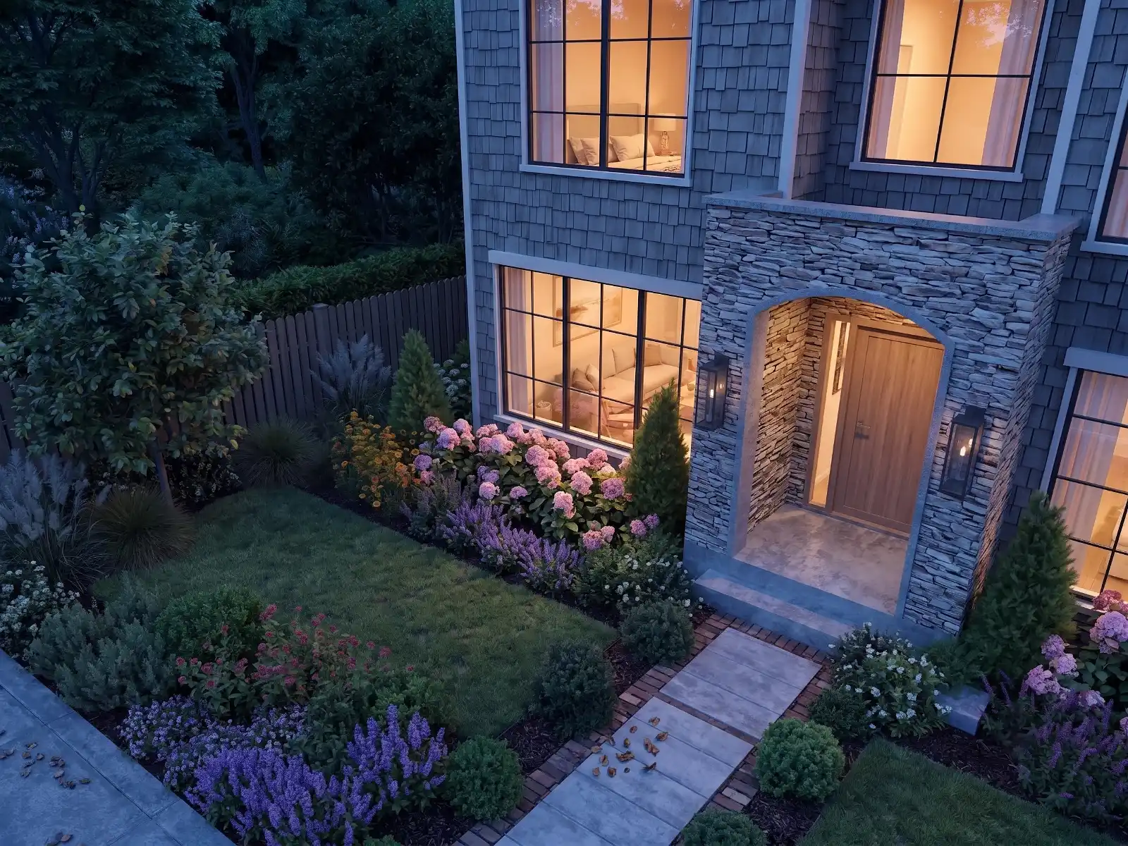 High-quality 3D architectural exterior visualization of a residential home at dusk, captured from a high-angle perspective. The scene highlights a rustic stone archway entrance, grey shingle siding, and warm interior lighting glowing through large black-framed windows, complemented by a landscaped front yard with a concrete walkway, manicured lawn, pink hydrangeas, and purple flowers.